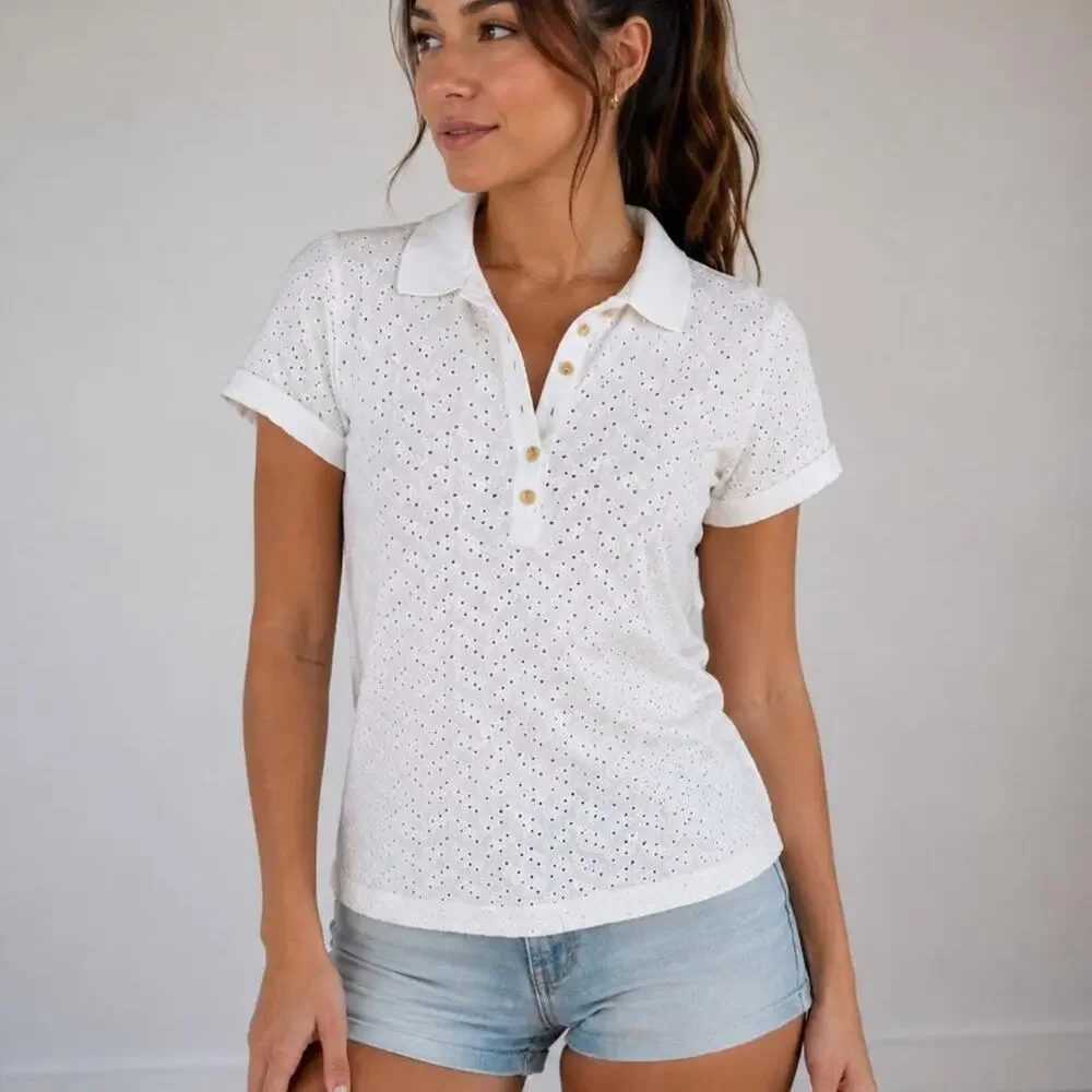 White eyelet polo top with